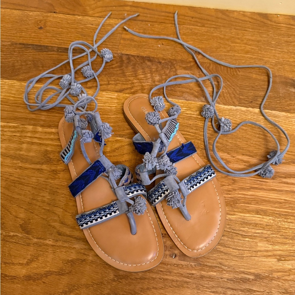 Blue Lace-Up Sandals with Cushioned Sole and Adjustable, Embellished Straps